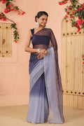 Blue Shaded Hand Embroidered Mukaish Net-Patch Chiffon Saree