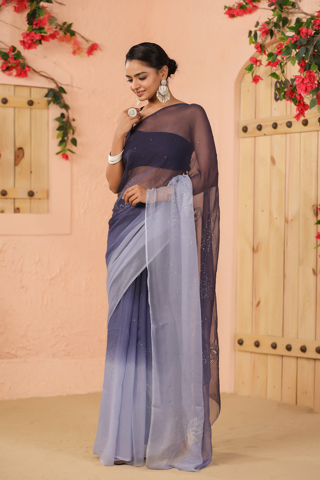 Blue Shaded Hand Embroidered Mukaish Net-Patch Chiffon Saree
