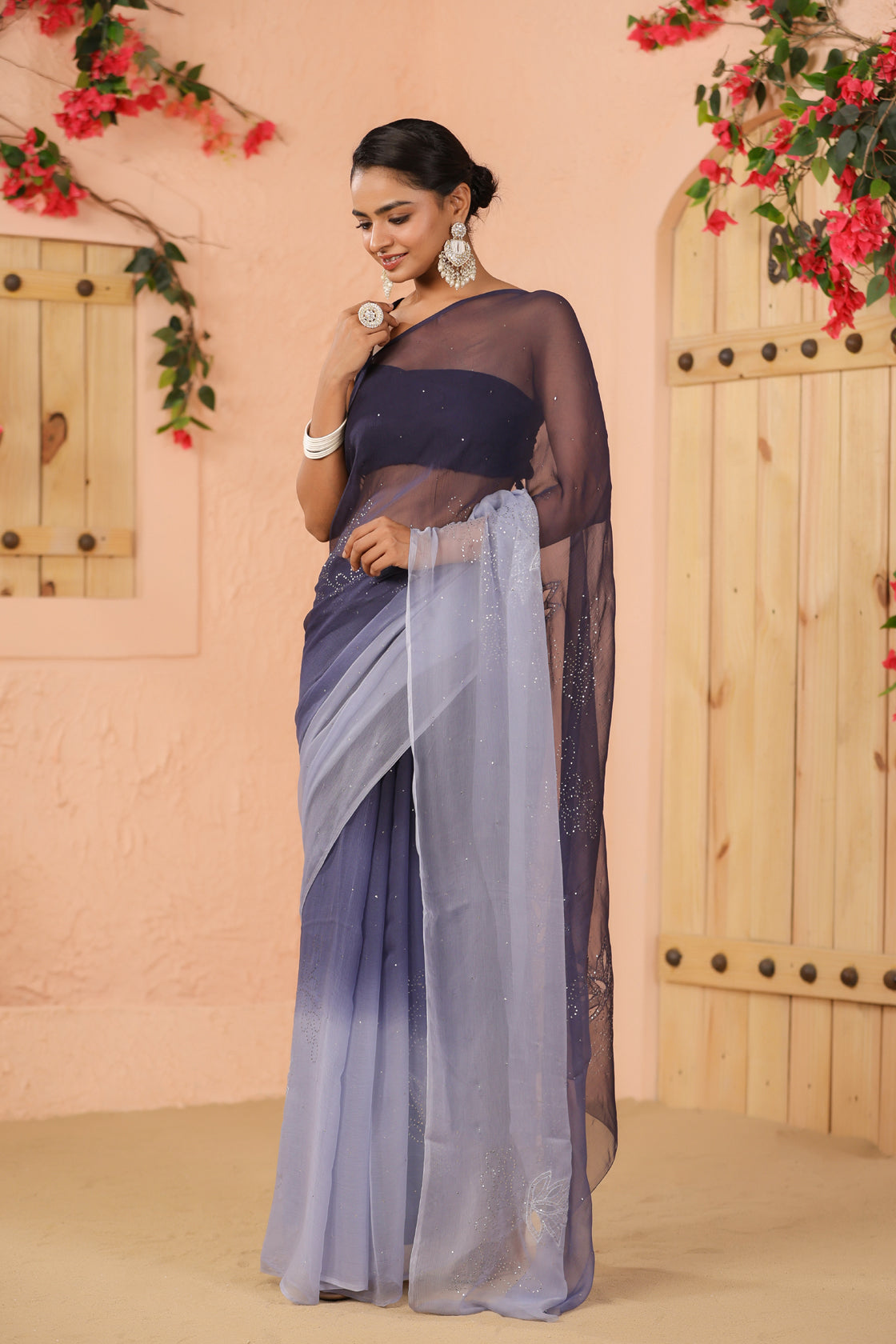 Blue Shaded Hand Embroidered Mukaish Net-Patch Chiffon Saree