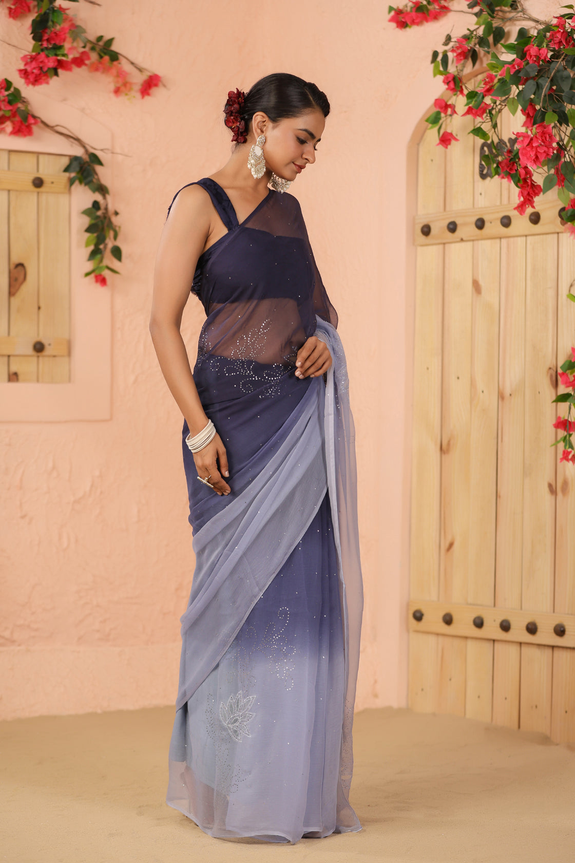 Blue Shaded Hand Embroidered Mukaish Net-Patch Chiffon Saree