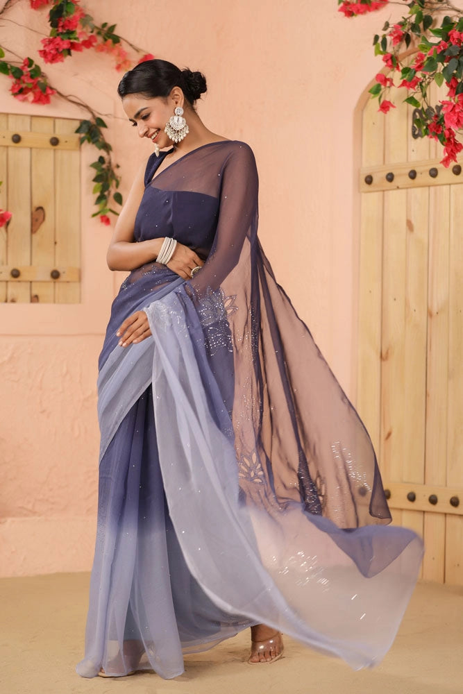 Blue Shaded Hand Embroidered Mukaish net-patch Chiffon Saree
