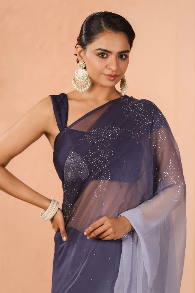 Blue Shaded Hand Embroidered Mukaish net-patch Chiffon Saree