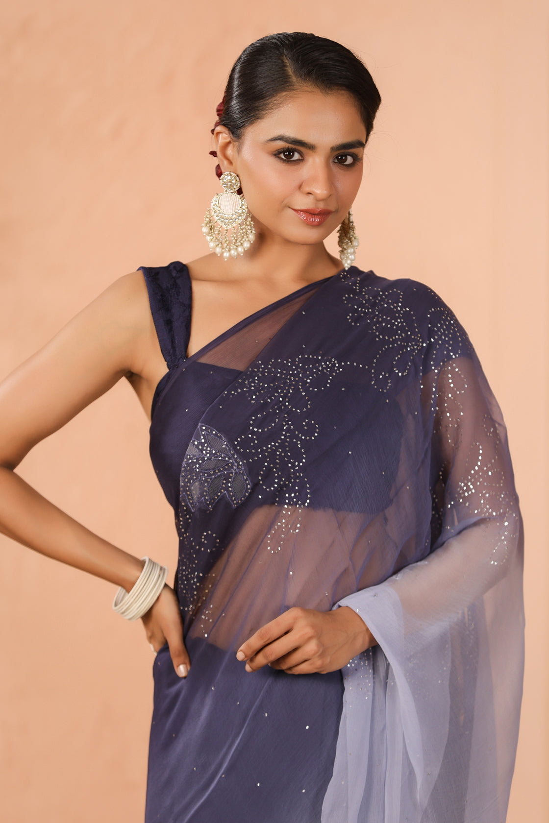 Blue Shaded Hand Embroidered Mukaish Net-Patch Chiffon Saree
