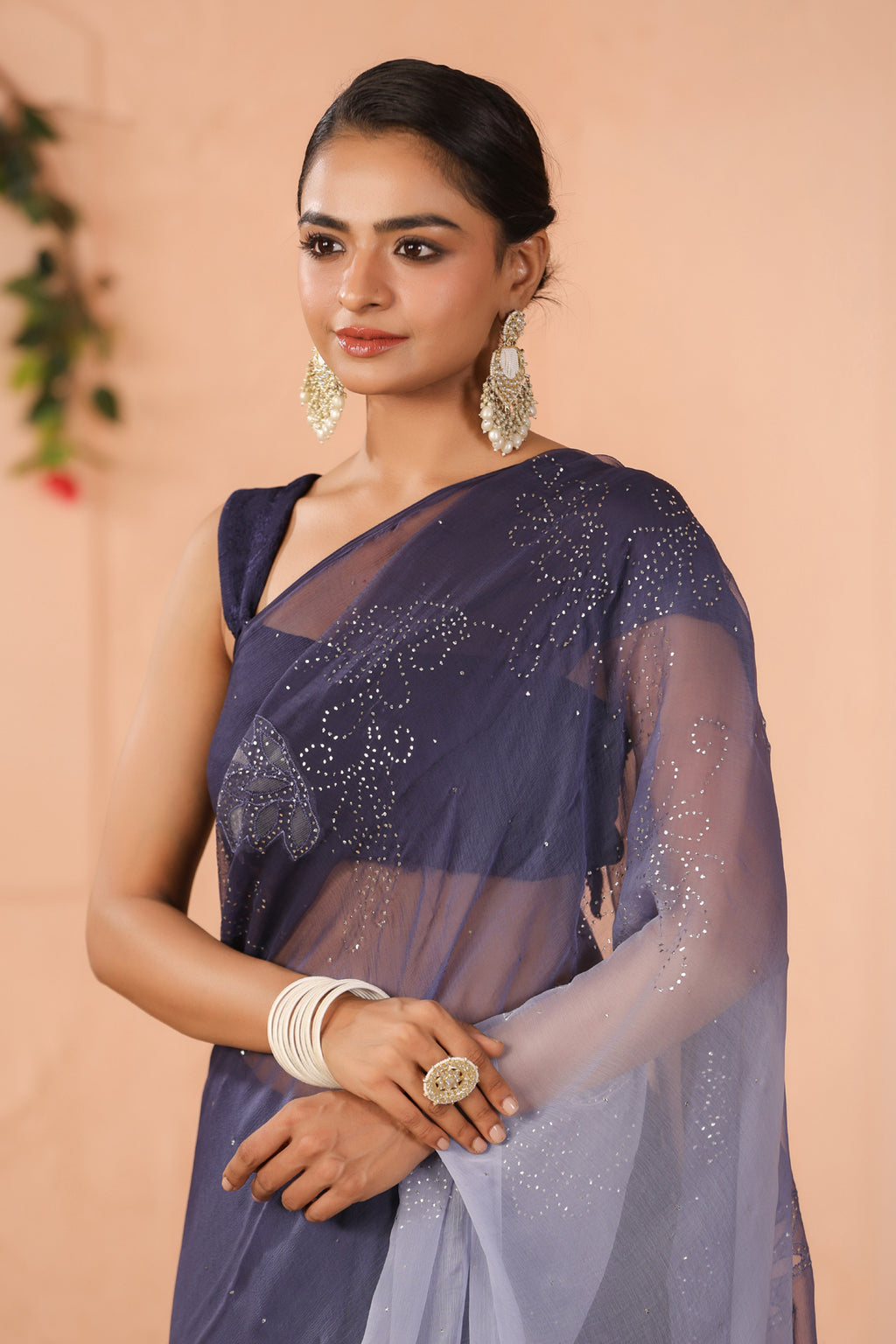 Blue Shaded Hand Embroidered Mukaish Net-Patch Chiffon Saree