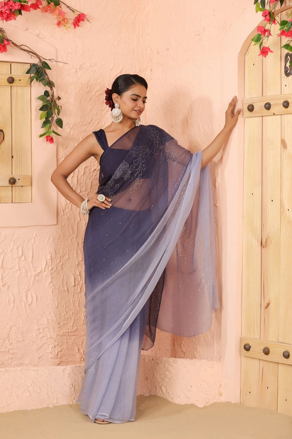 Blue Shaded Hand Embroidered Mukaish net-patch Chiffon Saree