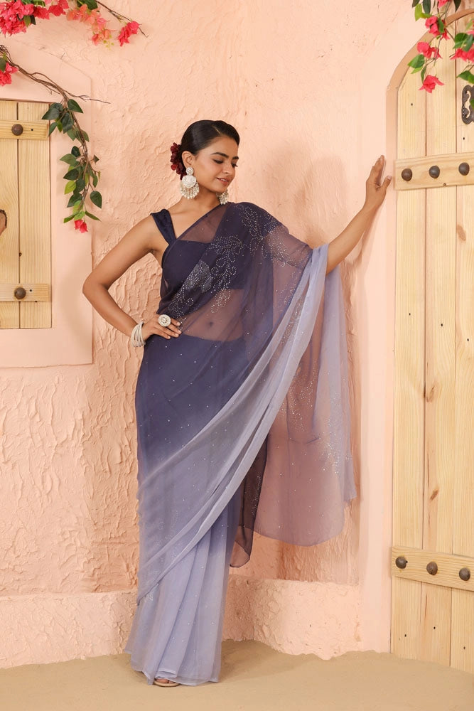 Blue Shaded Hand Embroidered Mukaish net-patch Chiffon Saree
