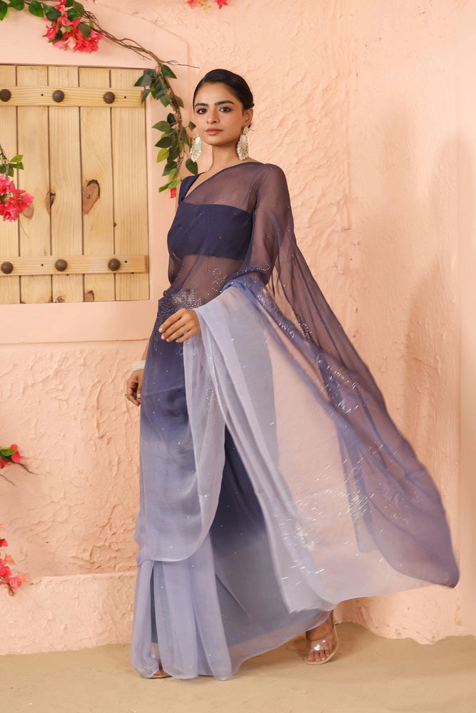 Blue Shaded Hand Embroidered Mukaish net-patch Chiffon Saree