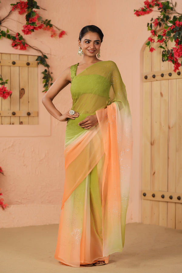 Green & Peach Shaded Net Patch Work Chiffon Saree