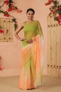 Green & Peach Shaded Hand Embroidered Mukaish Net-Patch Chiffon Saree