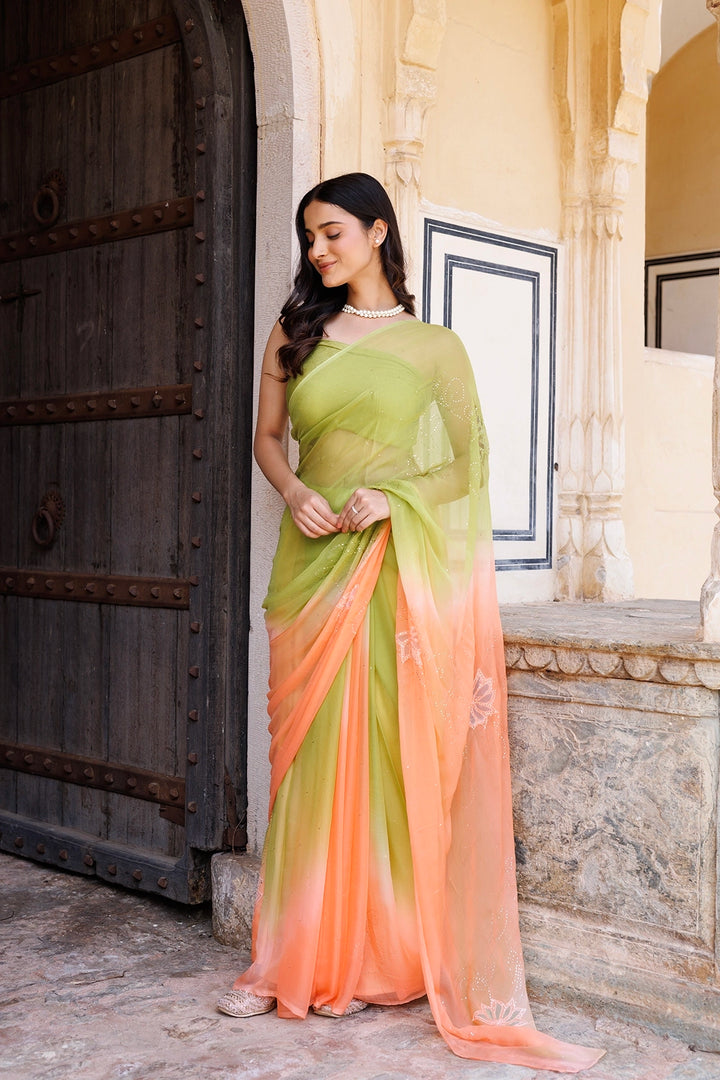 Green & Peach Shaded Hand Embroidered Mukaish net-patch Chiffon Saree