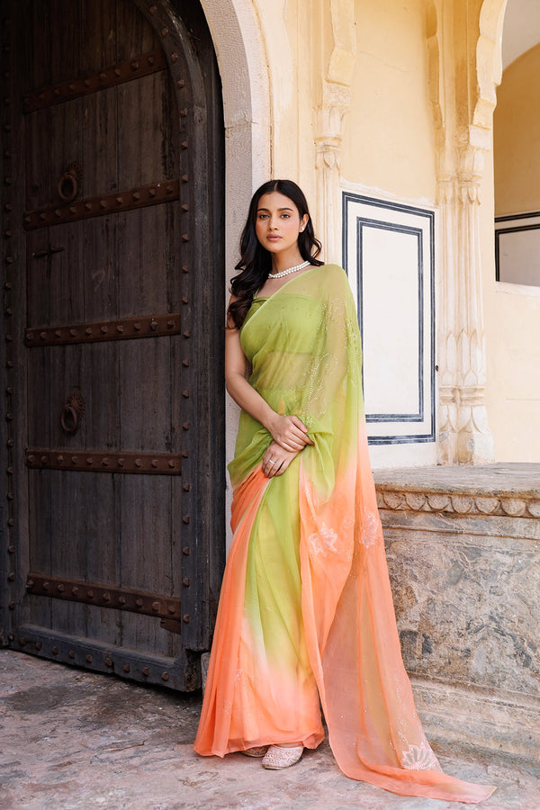 Green & Peach Shaded Hand Embroidered Mukaish net-patch Chiffon Saree