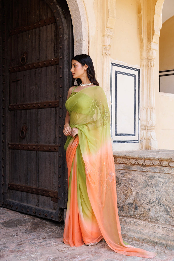 Green & Peach Shaded Hand Embroidered Mukaish net-patch Chiffon Saree
