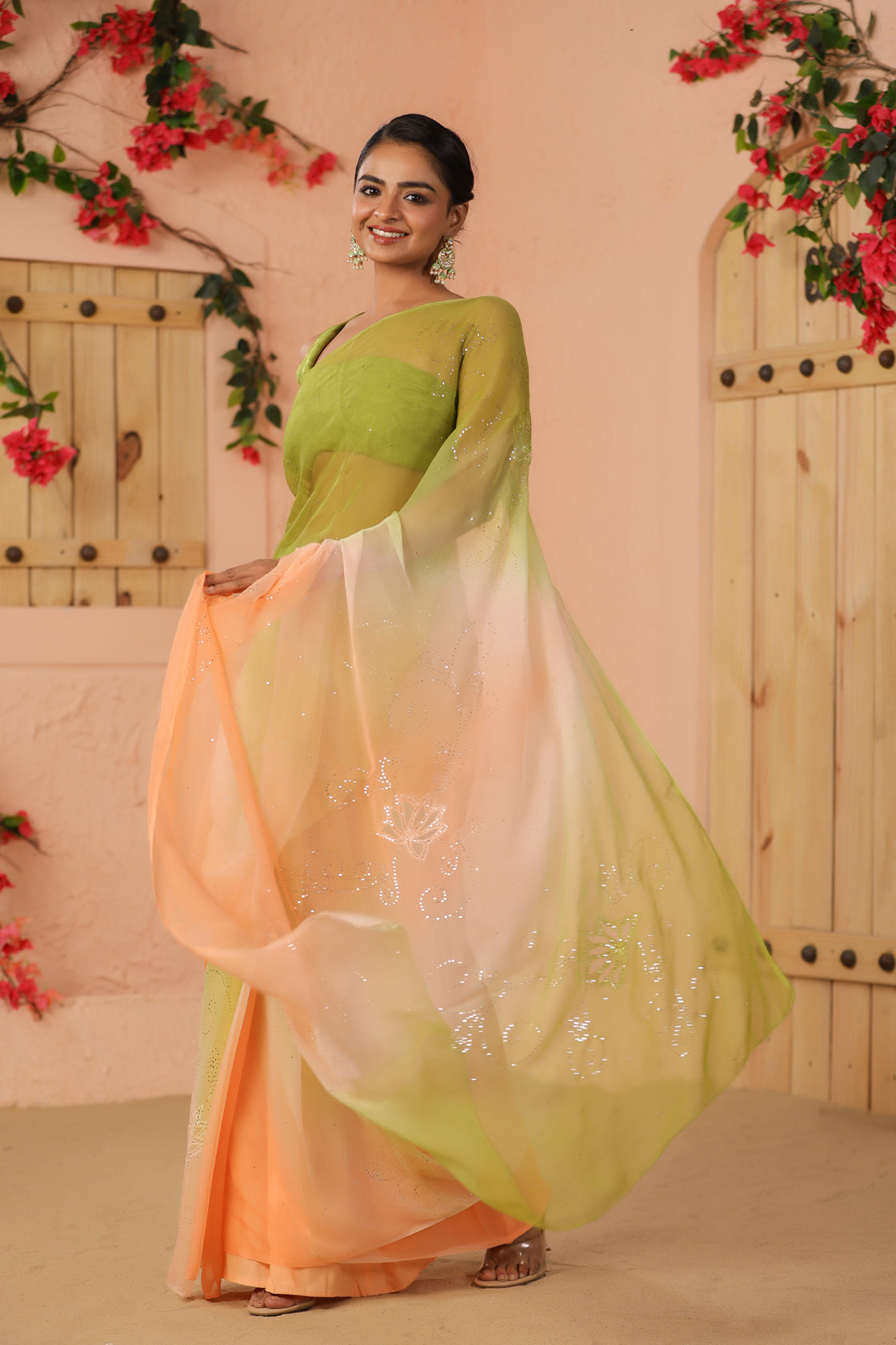 Green & Peach Shaded Hand Embroidered Mukaish Net-Patch Chiffon Saree