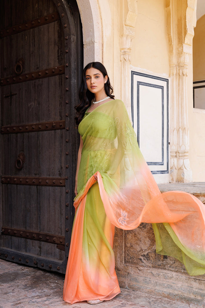 Green & Peach Shaded Hand Embroidered Mukaish net-patch Chiffon Saree