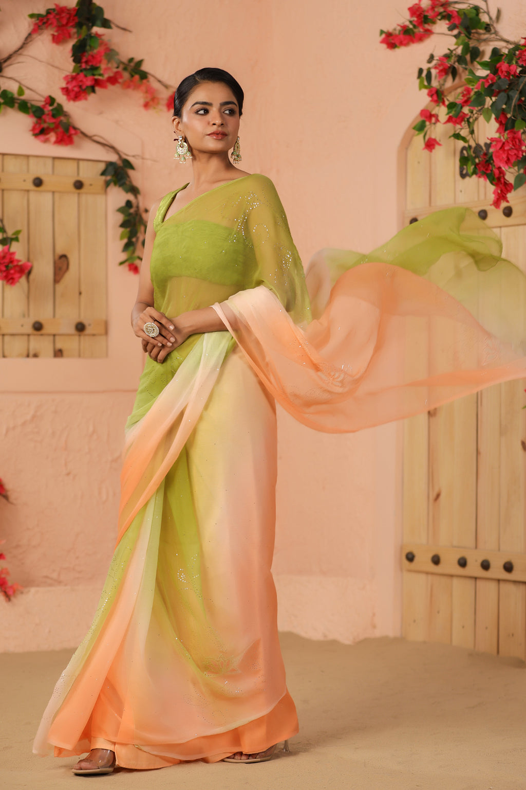 Green & Peach Shaded Hand Embroidered Mukaish Net-Patch Chiffon Saree