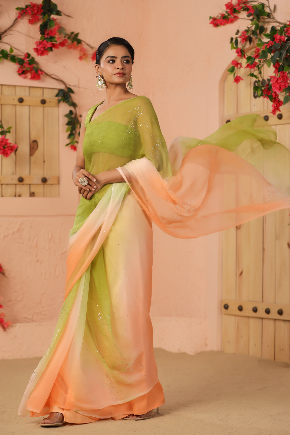 Green & Peach Shaded Hand Embroidered Mukaish Net-Patch Chiffon Saree