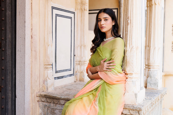 Green & Peach Shaded Hand Embroidered Mukaish net-patch Chiffon Saree