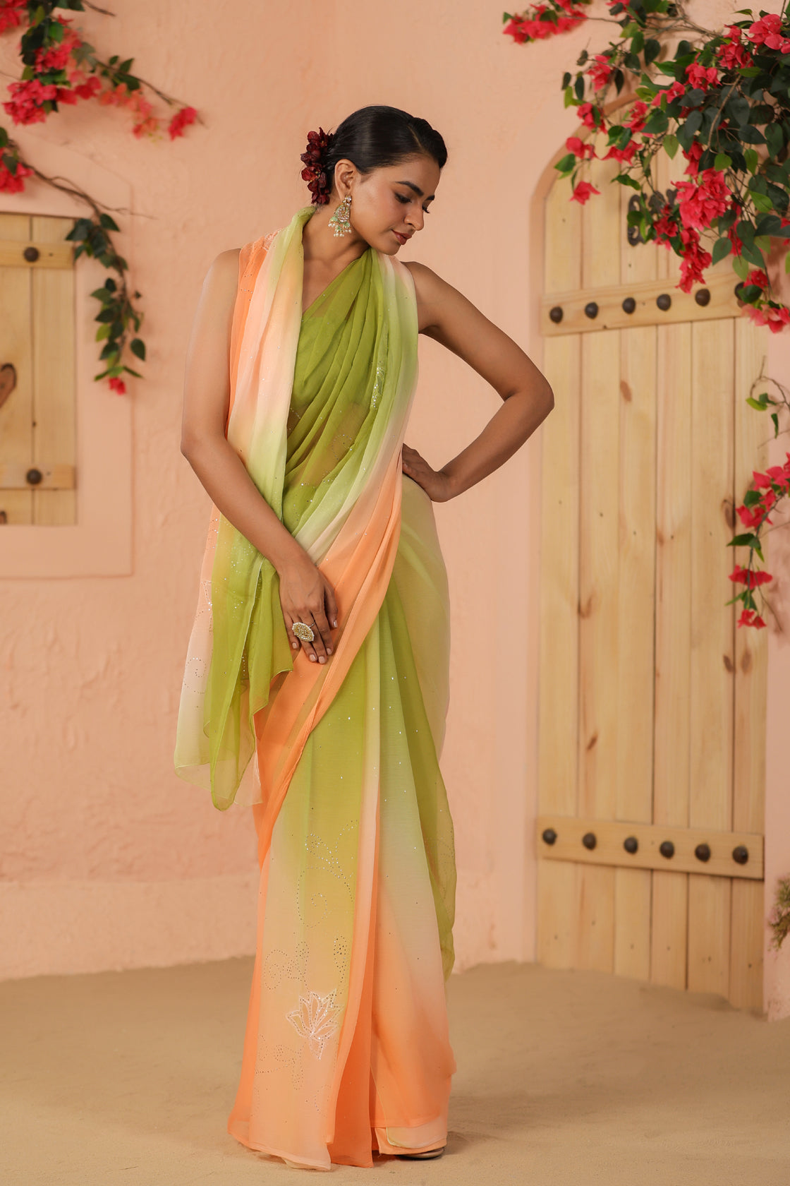 Green & Peach Shaded Hand Embroidered Mukaish Net-Patch Chiffon Saree