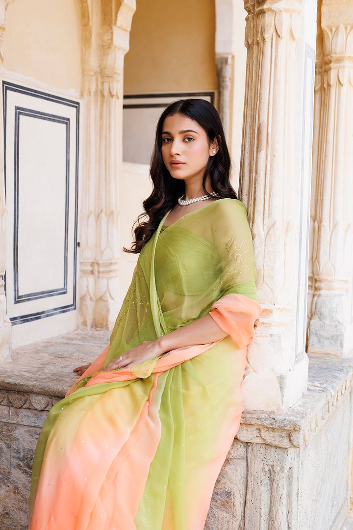 Green & Peach Shaded Hand Embroidered Mukaish net-patch Chiffon Saree