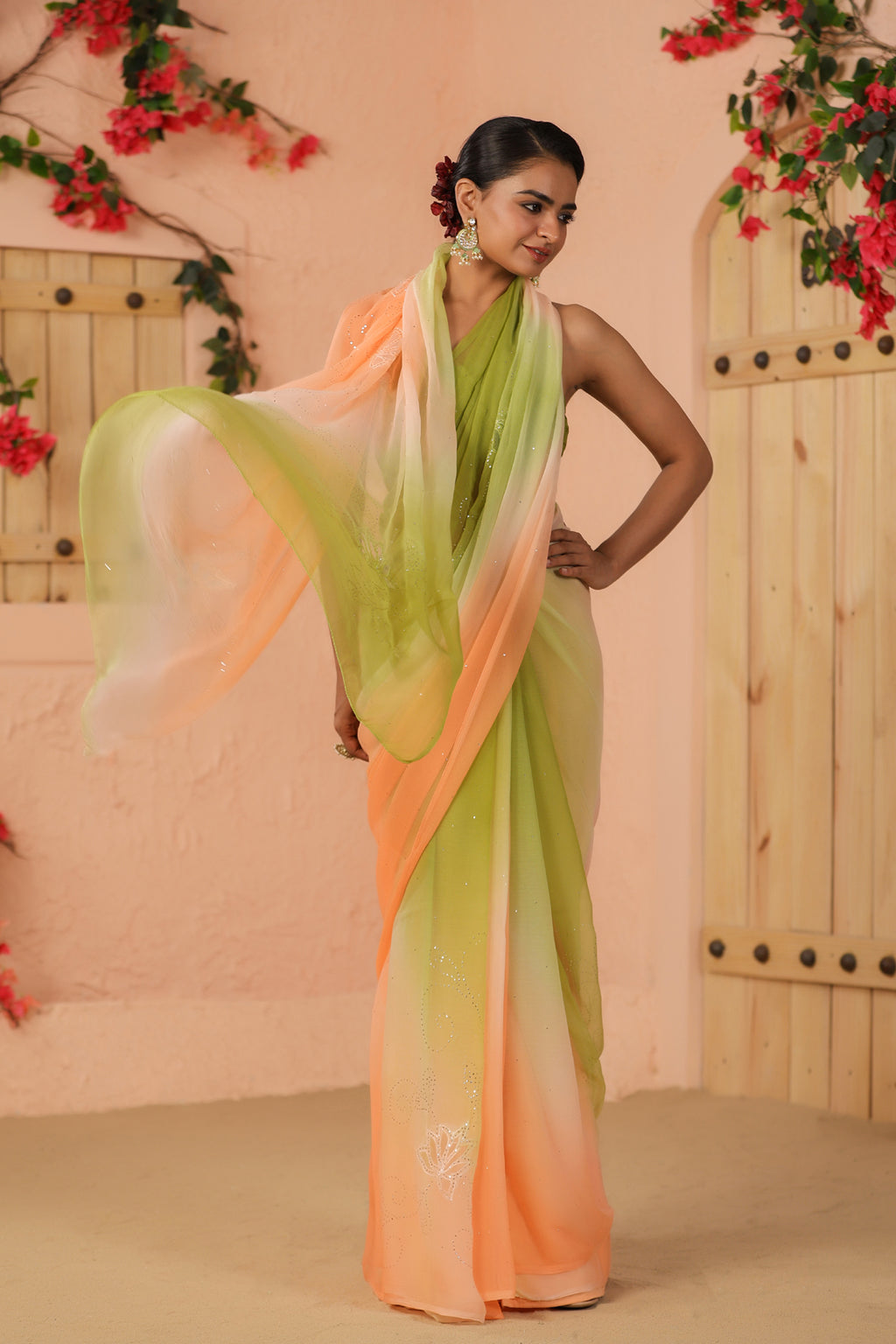 Green & Peach Shaded Hand Embroidered Mukaish Net-Patch Chiffon Saree