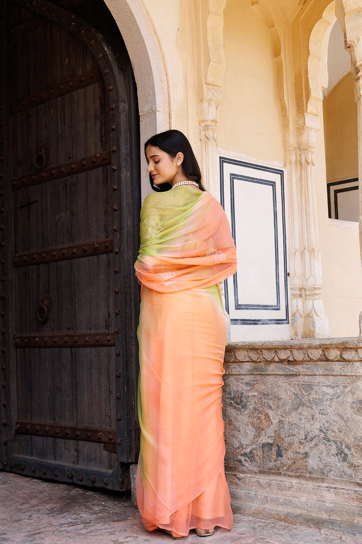 Green & Peach Shaded Hand Embroidered Mukaish net-patch Chiffon Saree