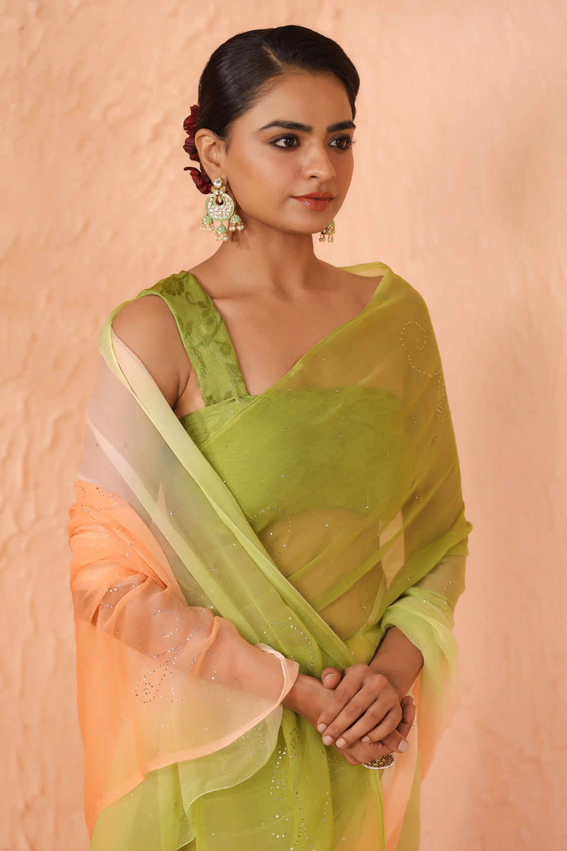 Green & Peach Shaded Hand Embroidered Mukaish Net-Patch Chiffon Saree