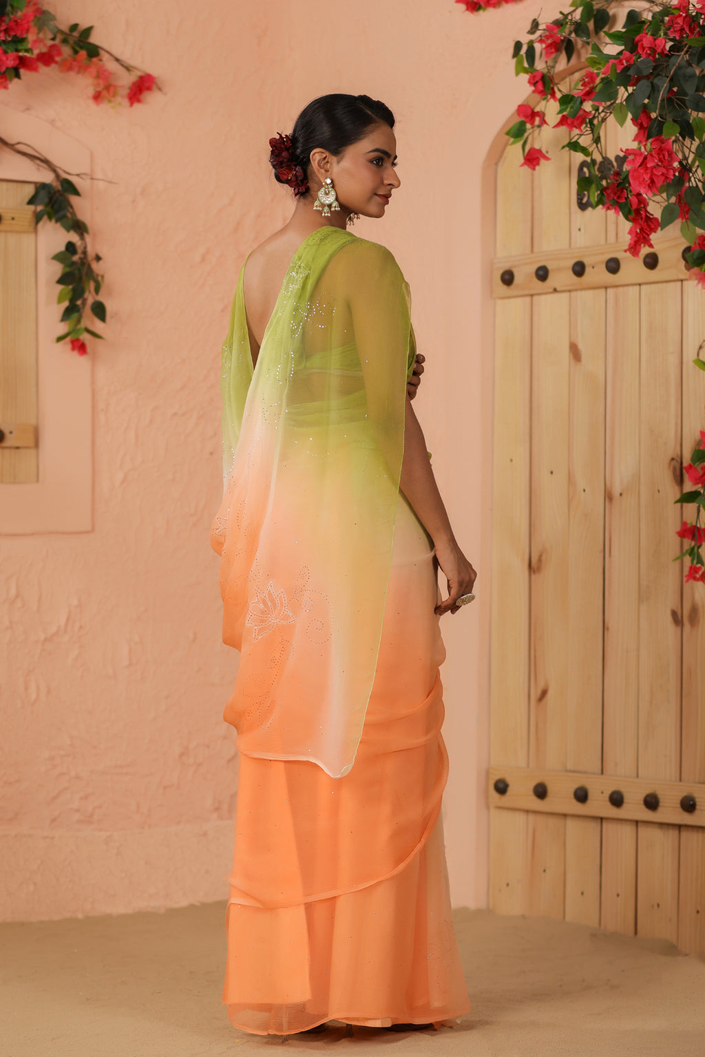 Green & Peach Shaded Hand Embroidered Mukaish Net-Patch Chiffon Saree