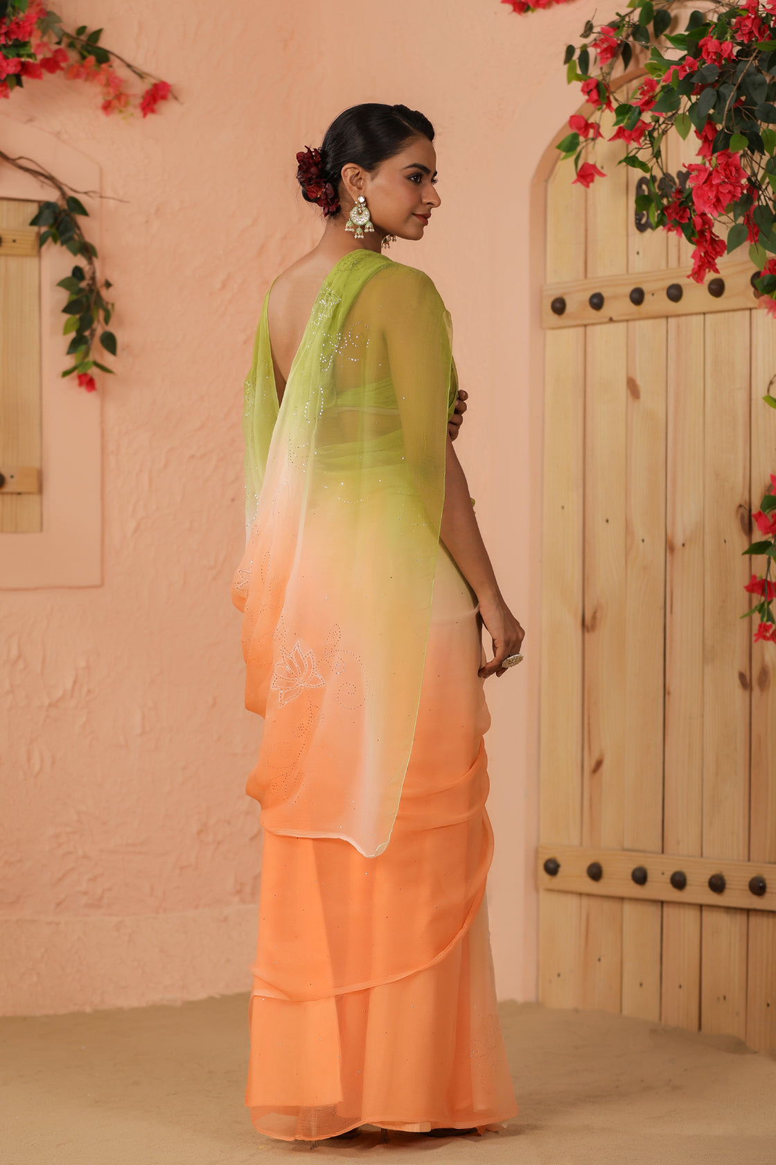 Green & Peach Shaded Hand Embroidered Mukaish Net-Patch Chiffon Saree