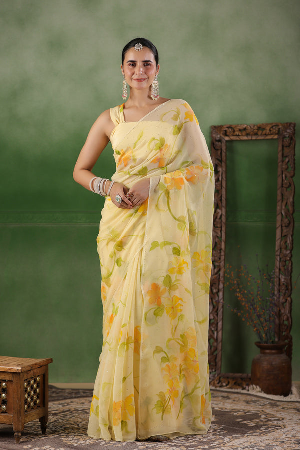 Yellow Hand Painted Pure Chiffon Saree
