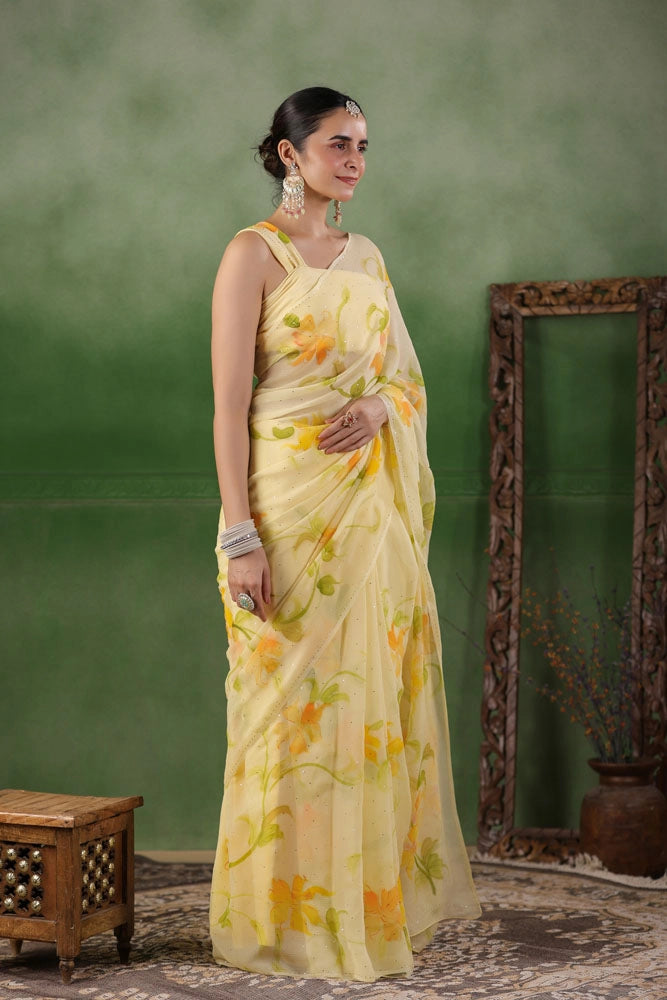 Yellow Hand Painted Pure Chiffon Saree