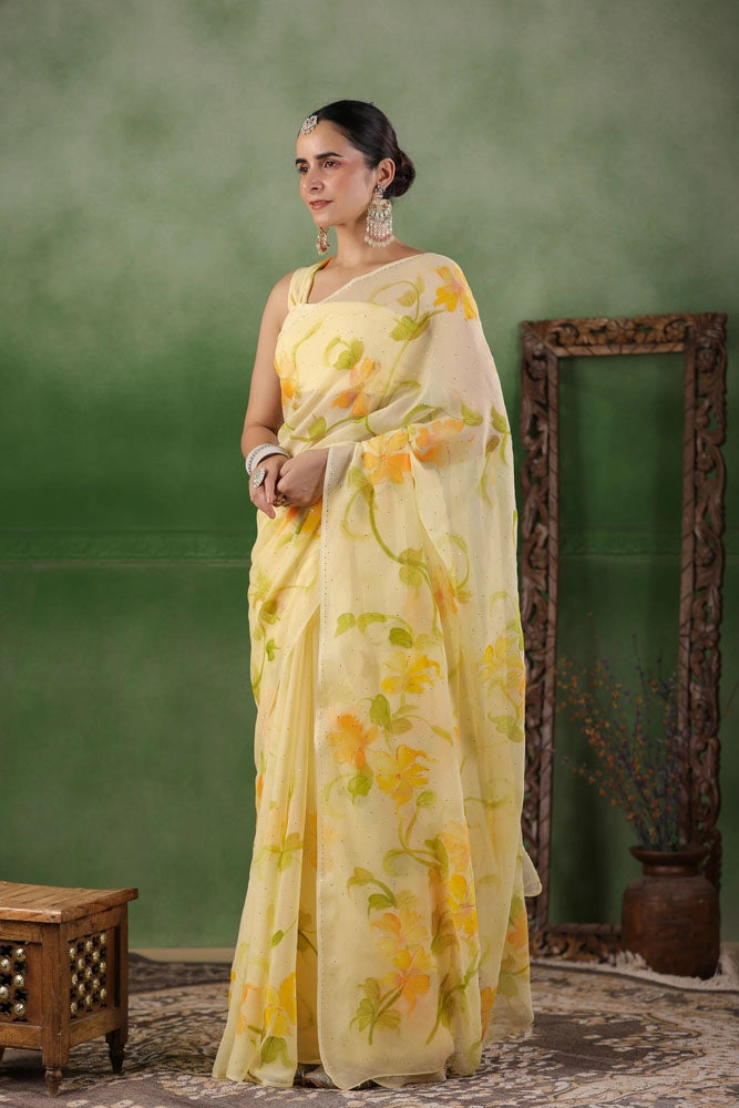 Yellow Hand Painted Pure Chiffon Saree