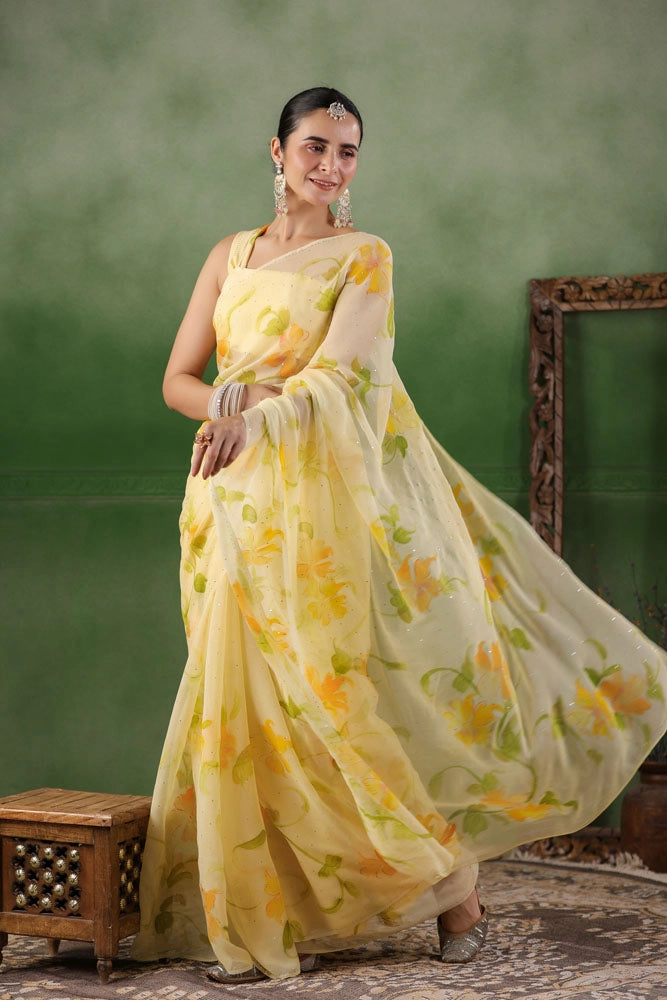 Yellow Hand Painted Pure Chiffon Saree
