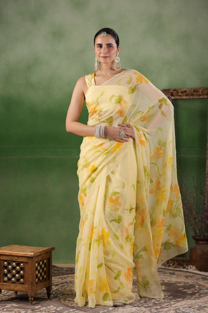 Yellow Hand Painted Pure Chiffon Saree