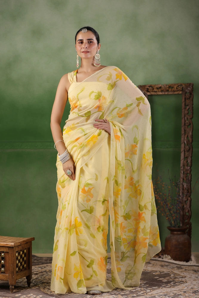 Yellow Hand Painted Pure Chiffon Saree