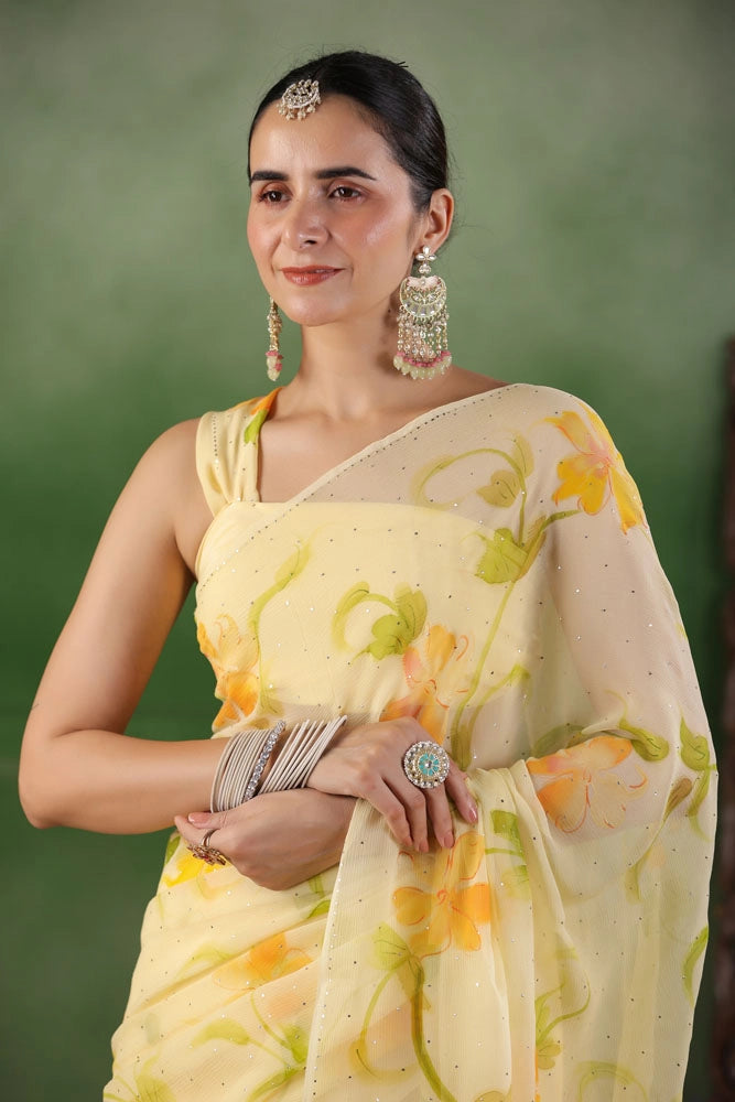 Yellow Hand Painted Pure Chiffon Saree