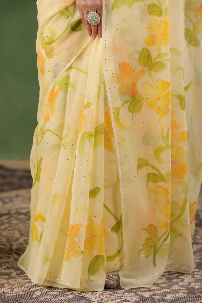 Yellow Hand Painted Pure Chiffon Saree