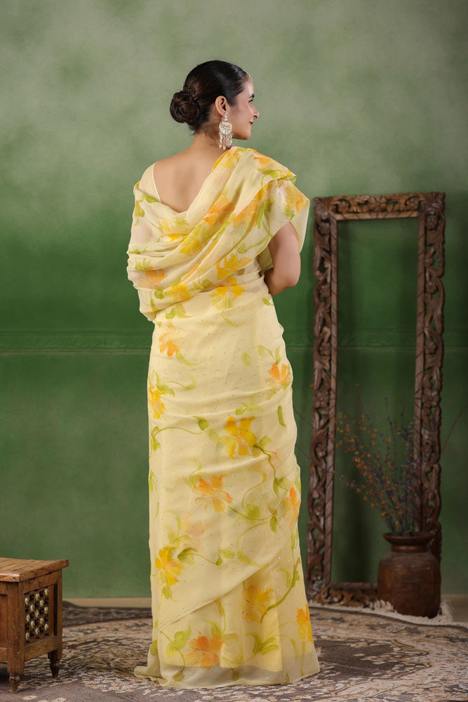 Yellow Hand Painted Pure Chiffon Saree