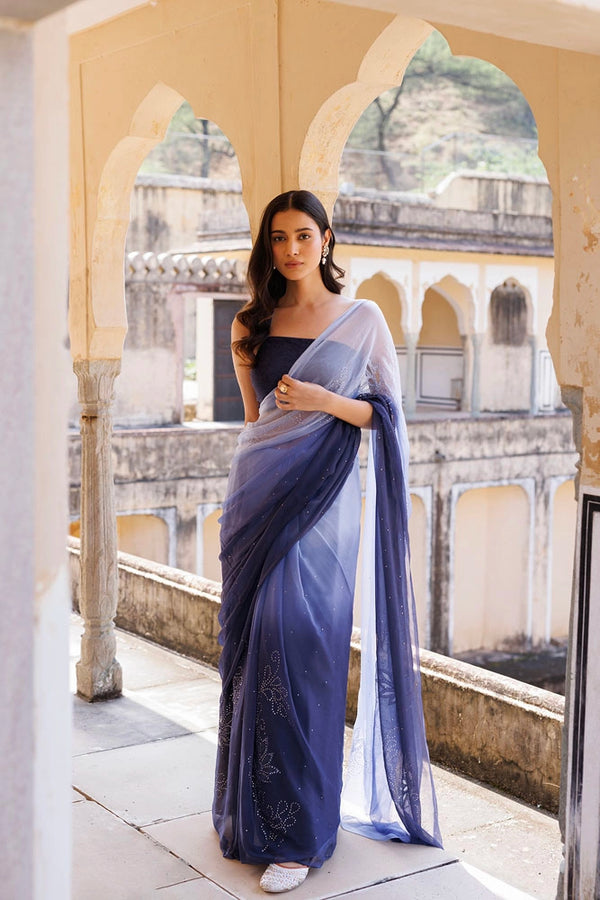 Blue Shaded Hand Embroidered Mukaish net-patch Chiffon Saree