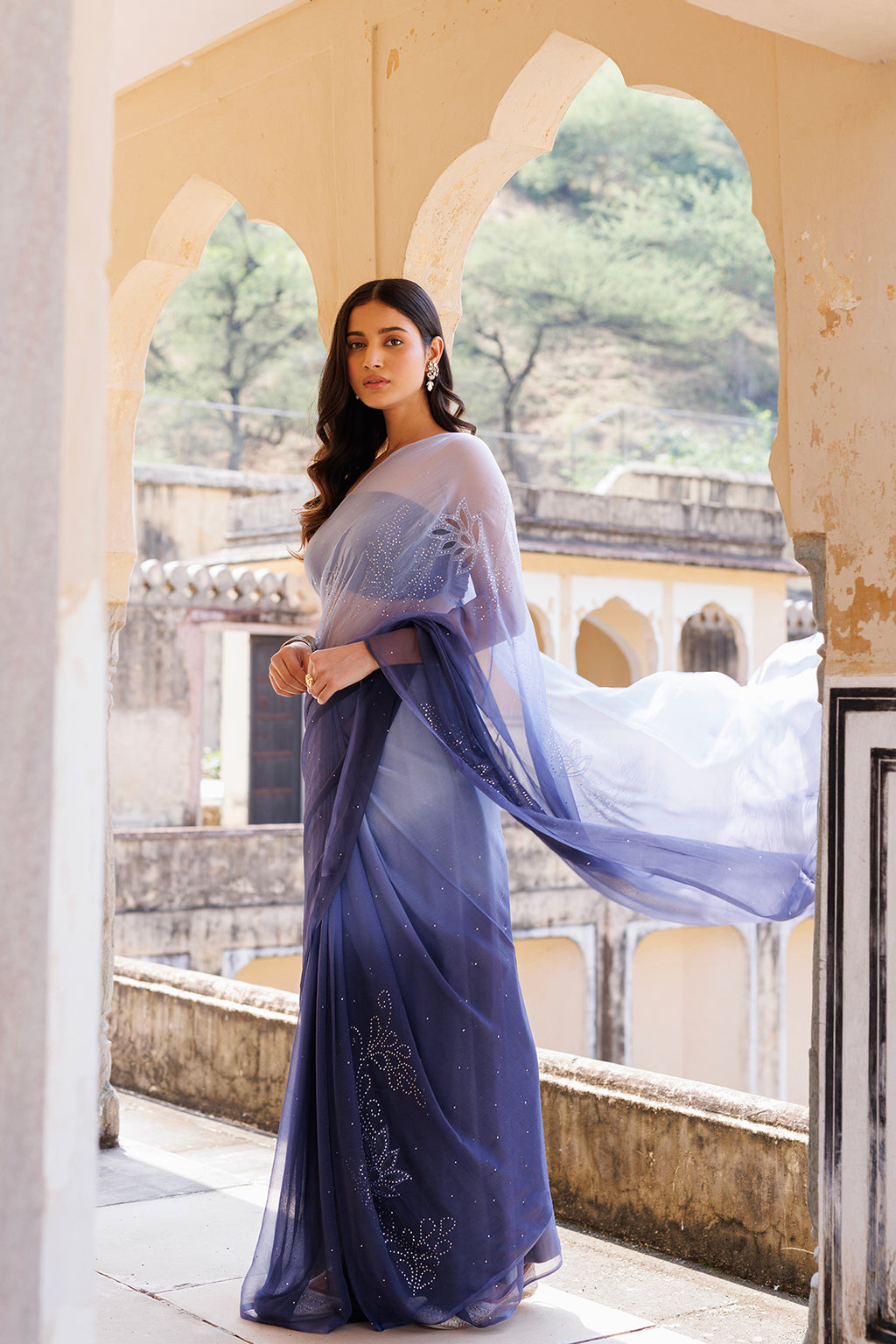 Blue Shaded Hand Embroidered Mukaish Net-Patch Chiffon Saree