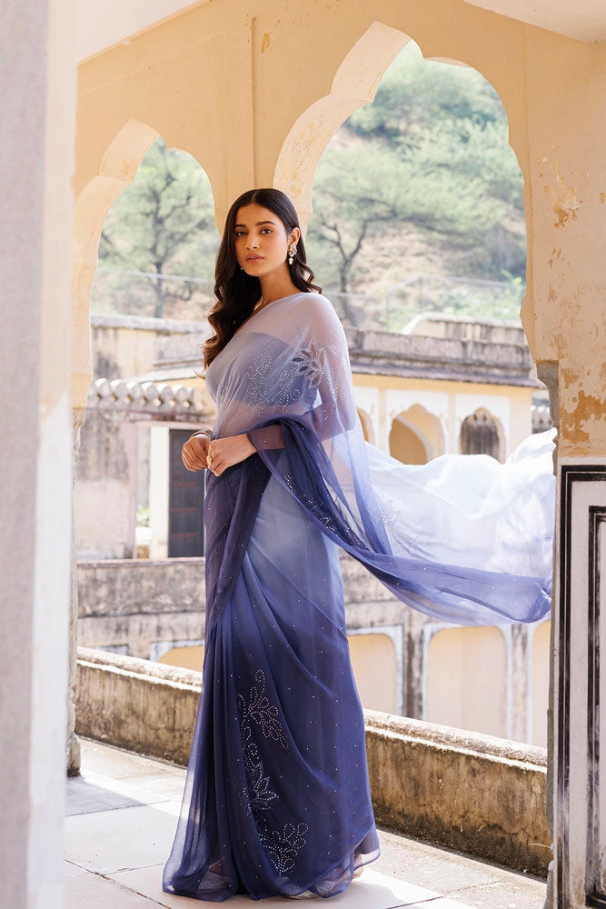 Blue Shaded Hand Embroidered Mukaish net-patch Chiffon Saree