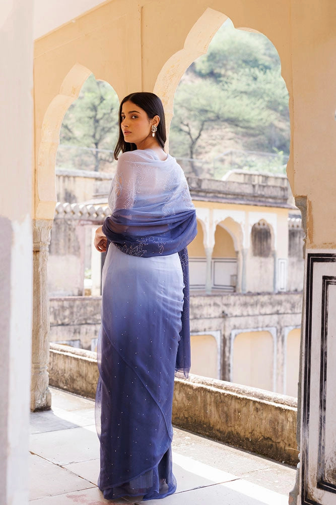 Blue Shaded Hand Embroidered Mukaish net-patch Chiffon Saree
