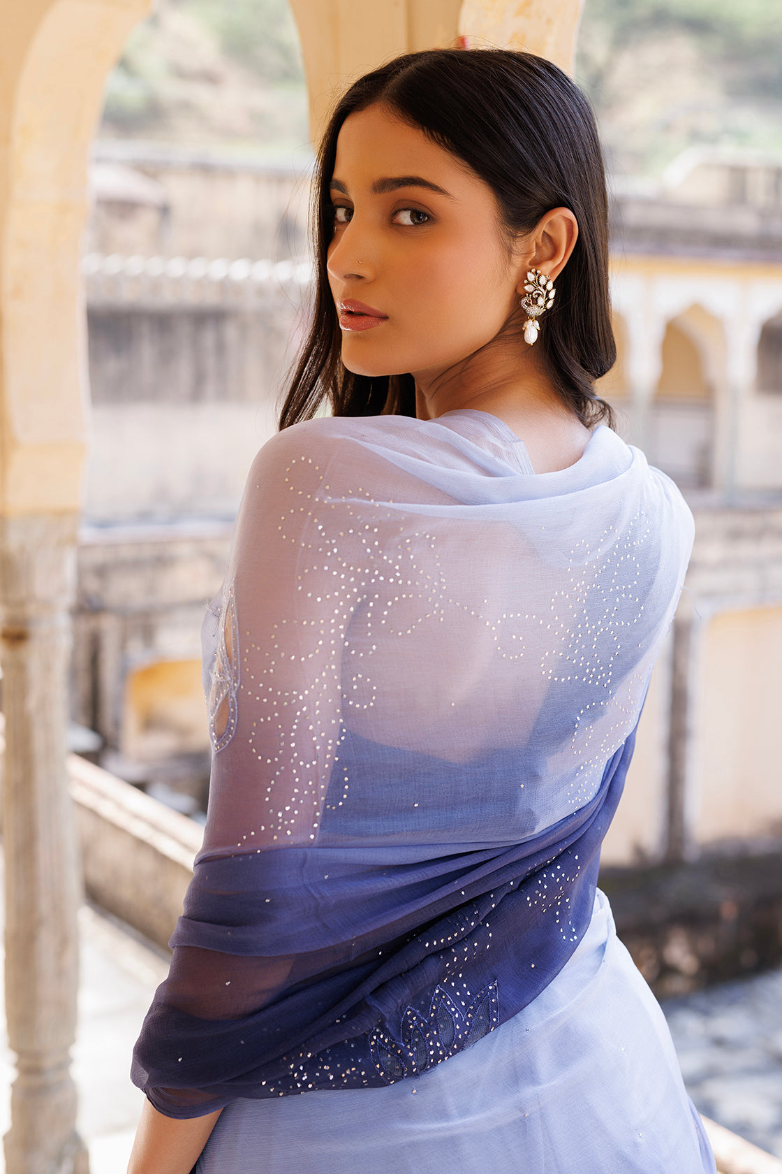 Blue Shaded Hand Embroidered Mukaish Net-Patch Chiffon Saree