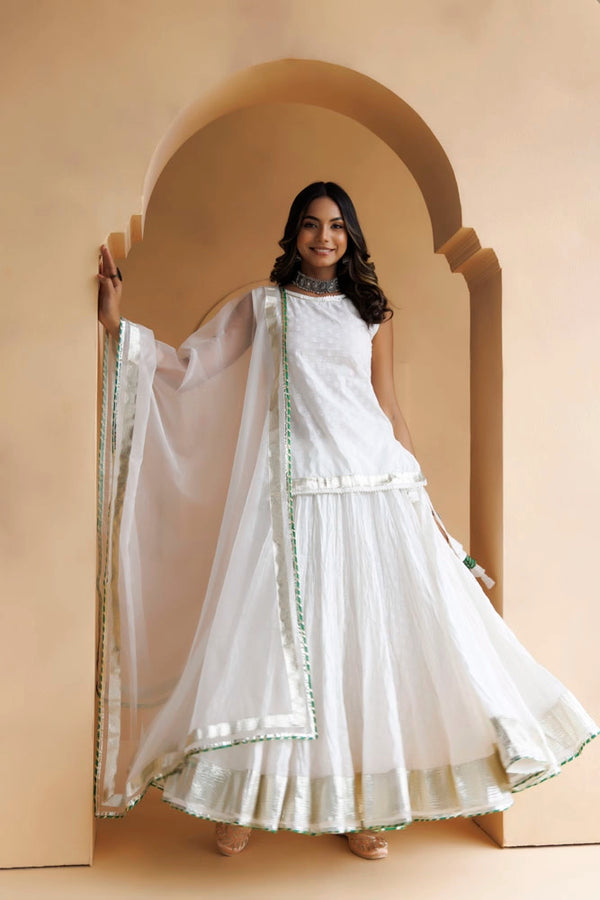 White Cotton Skirt Set with Hand Embroidery & Organza Dupatta