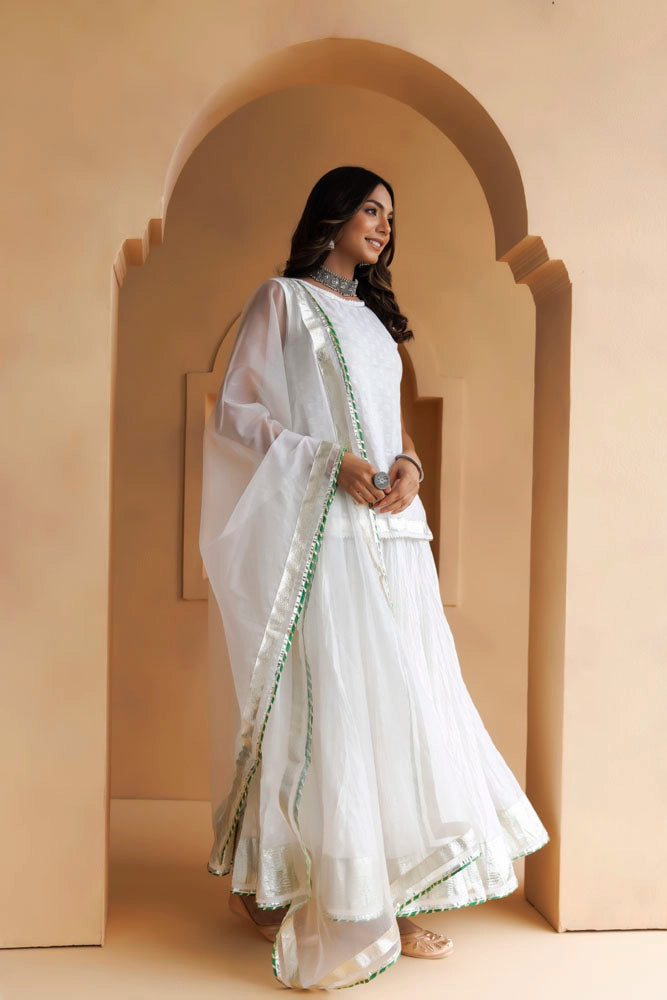 White Embroidered Cotton Skirt Set With Organza Dupatta