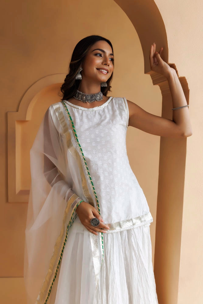 White Embroidered Cotton Skirt Set With Organza Dupatta