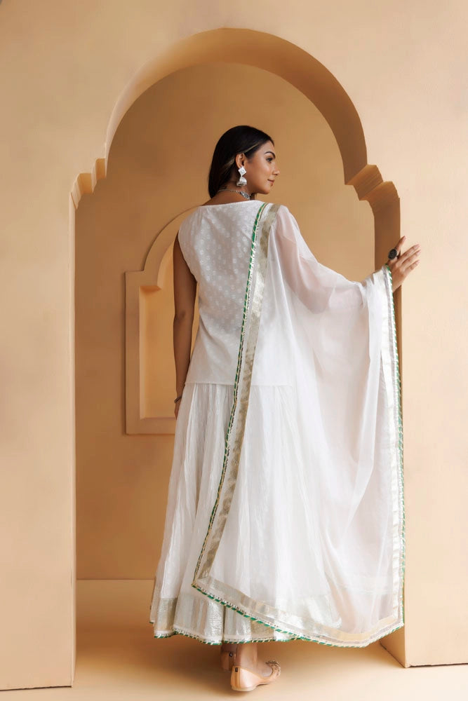 White Embroidered Cotton Skirt Set With Organza Dupatta