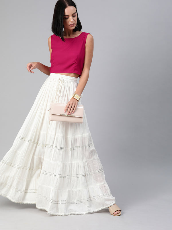 Hand Crafted flared White Pure Cotton Skirt with Magenta Crop Top