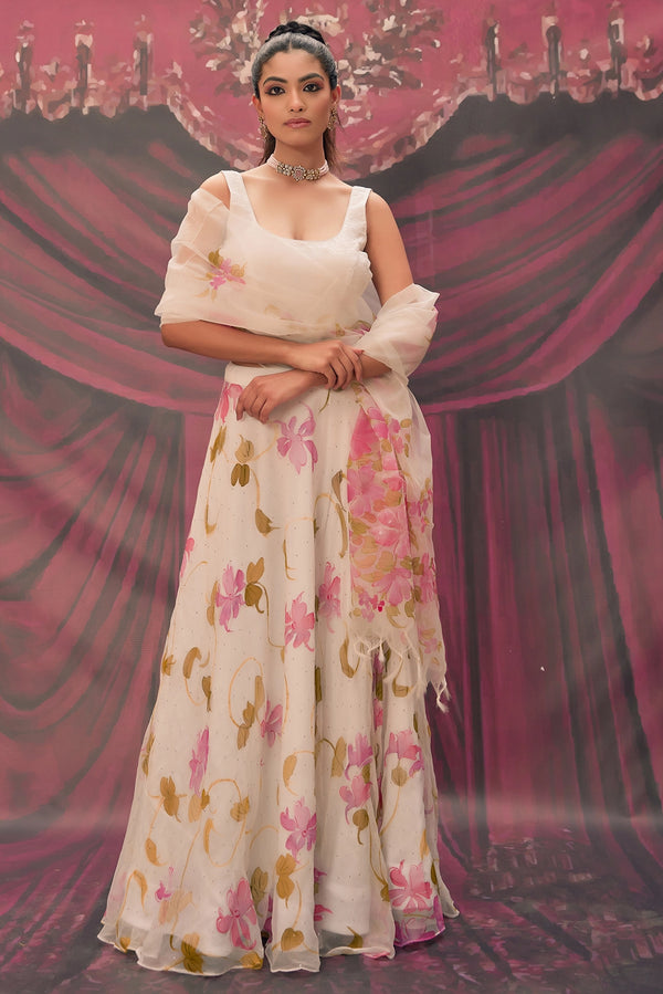 Ethereal White Hand-Painted Chiffon Lehenga Set
