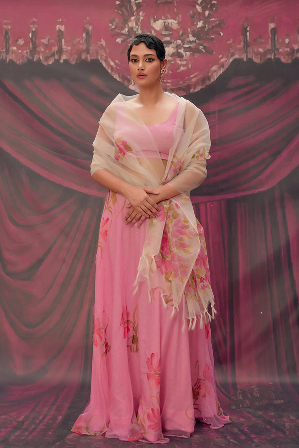Ethereal Pink Hand-Painted Chiffon Lehenga Set