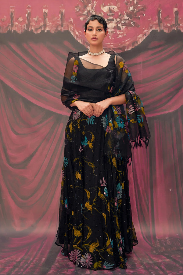 Ethereal Black Hand-Painted Chiffon Lehenga Set